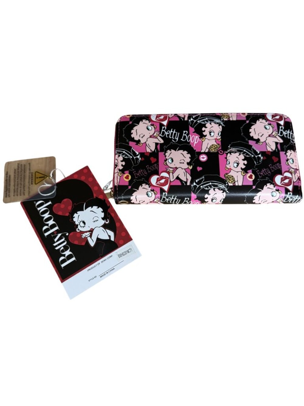 NWT Betty Boop Zip Around Wallet Wristlet Pink Black Checkerboard Faux Leather